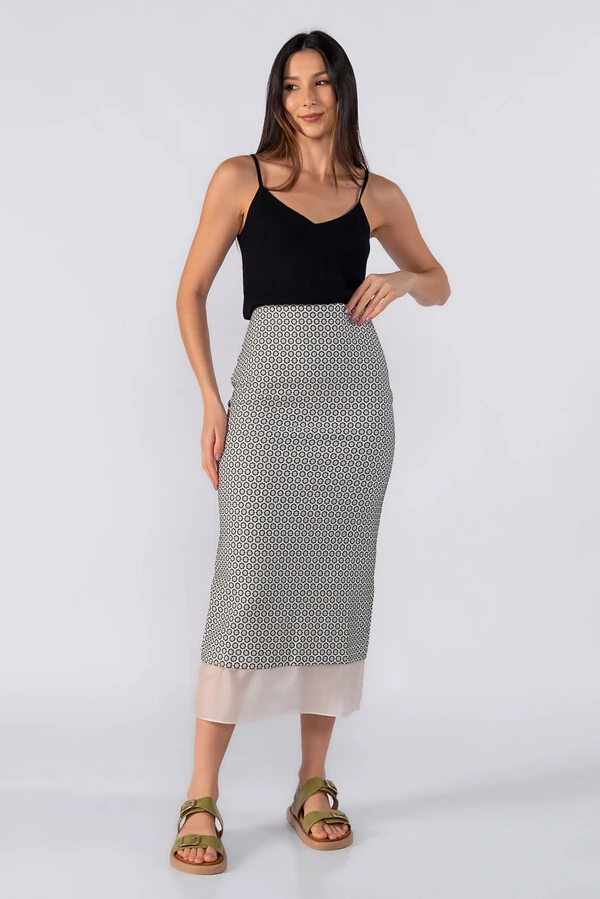 Saia midi jacquard com detalhe em organza