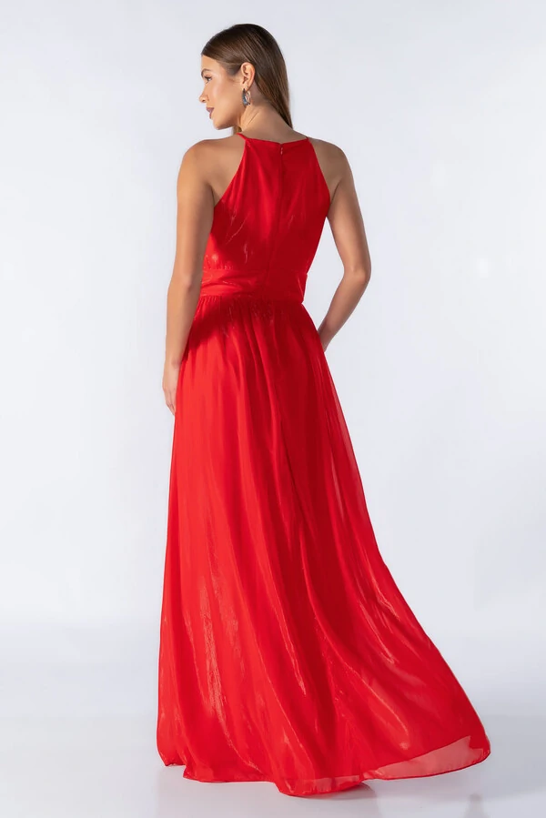 Vestido longo em lurex com decote franzido