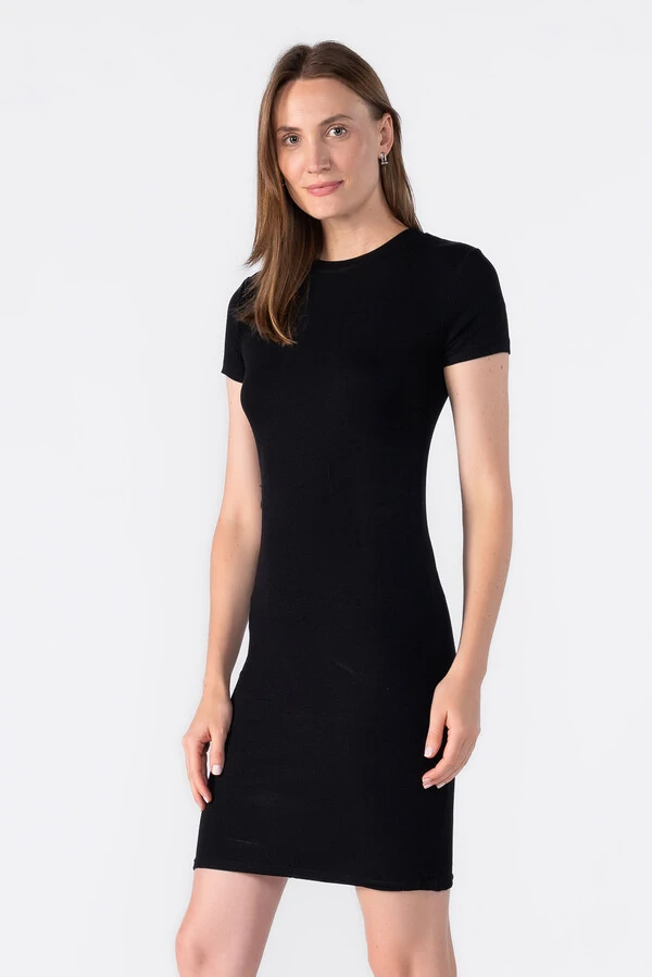 Vestido canelado manga curta