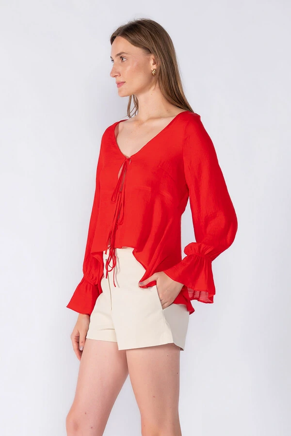 Blusa manga bufante amarracao frontal