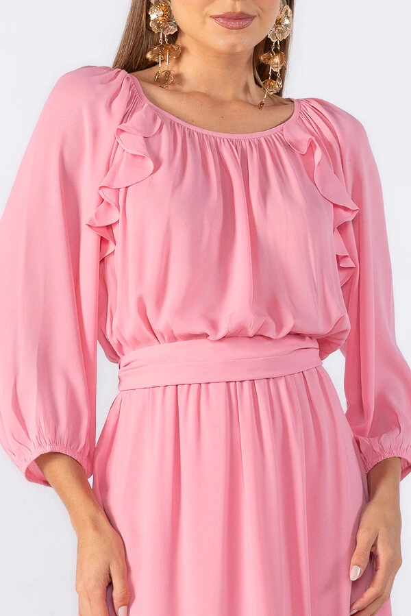 Vestido midi crepe com manga alongada