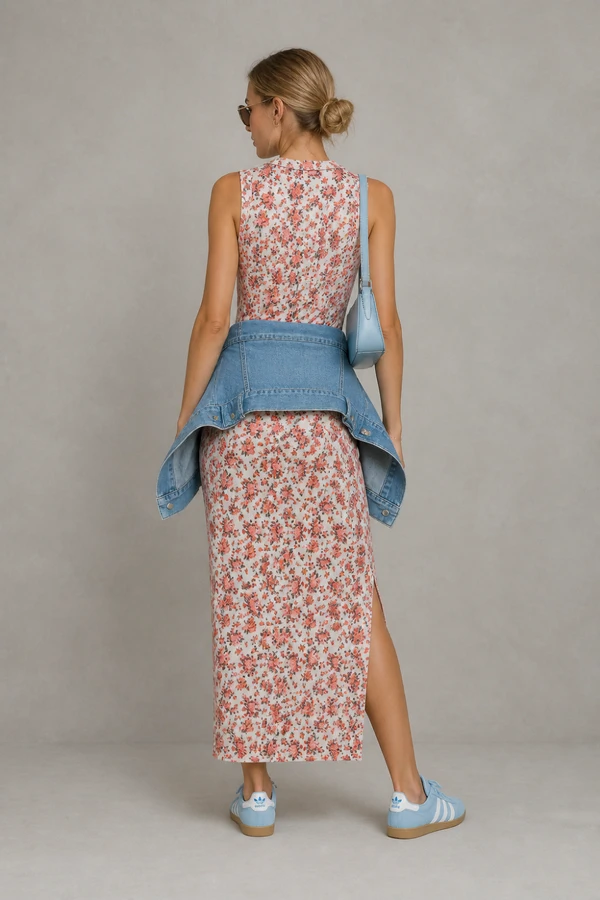 Vestido longo canelado estampado