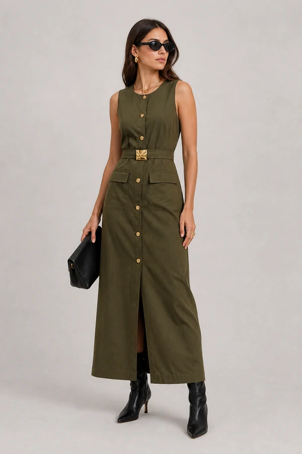 Vestido midi em linho com fivela