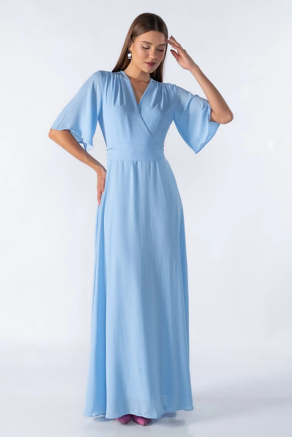 Vestido longo manga curta decote em v com faixa