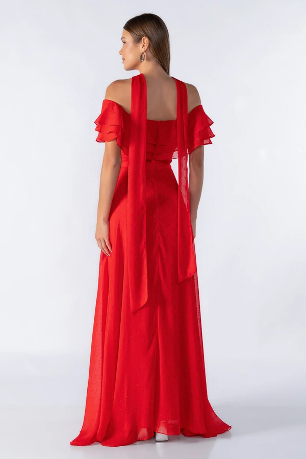 Vestido longo ombro a ombro com babados
