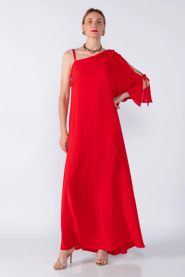 Vestido longo com forro e manga babado