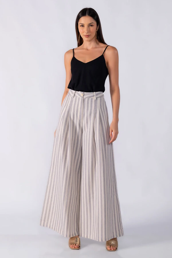Calça pantalona ampla linho listrada