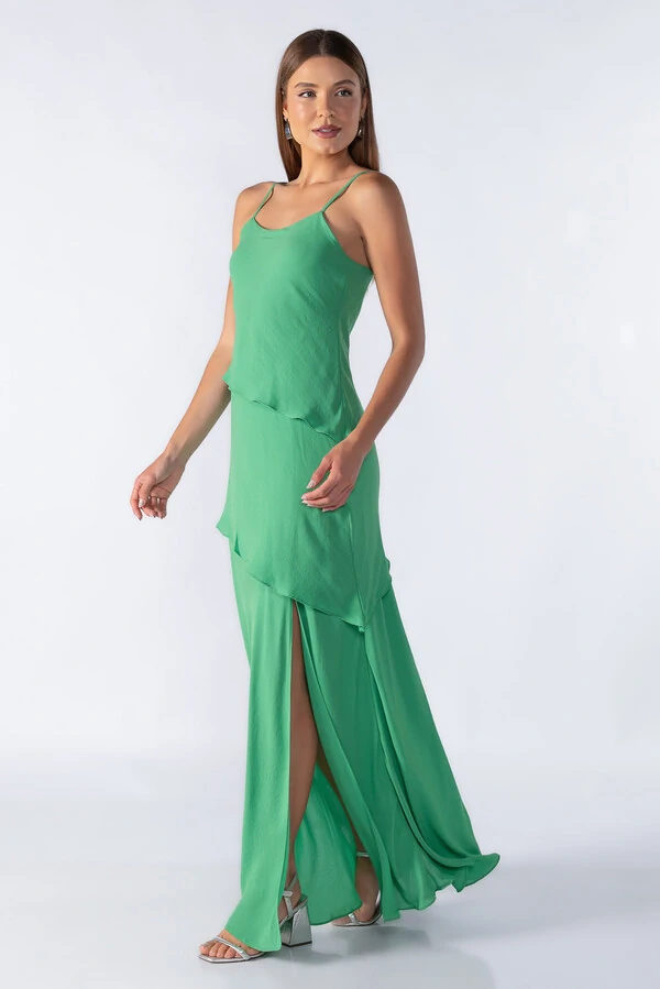 Vestido longo de alca com babados