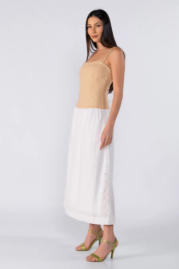 Vestido midi em sarja e laise