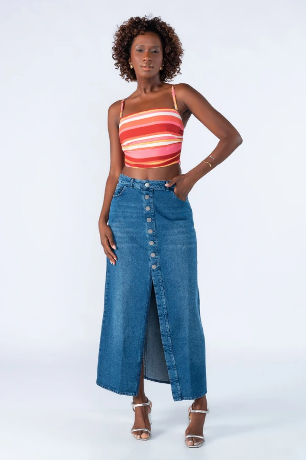 Saia midi jeans botoes