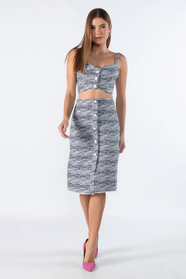 Saia jacquard midi detalhe em botão perolado