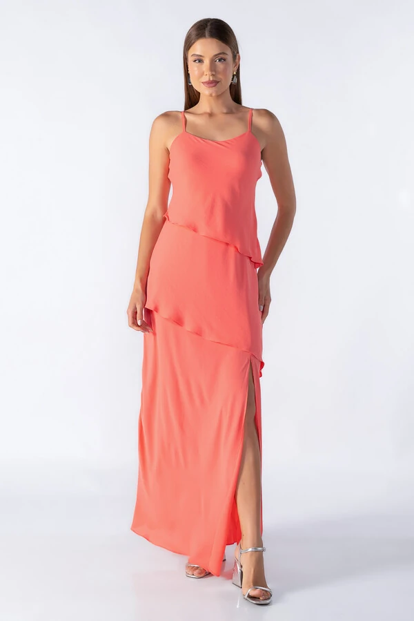 Vestido longo de alca com babados