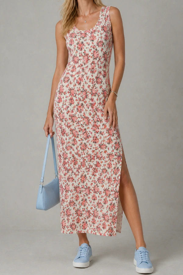 Vestido longo canelado estampado