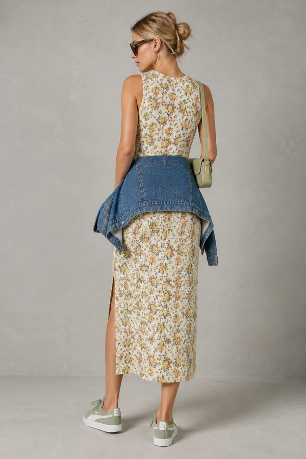 Vestido longo canelado estampado
