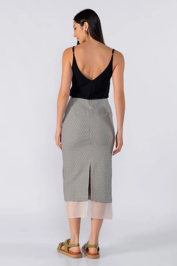 Saia midi jacquard com detalhe em organza