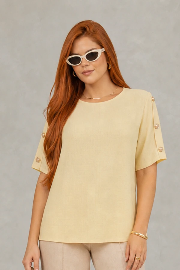 Conjunto calça e blusa com botões e manga