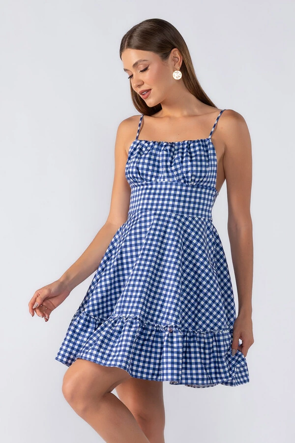 Vestido curto xadrez alça fina regulavel