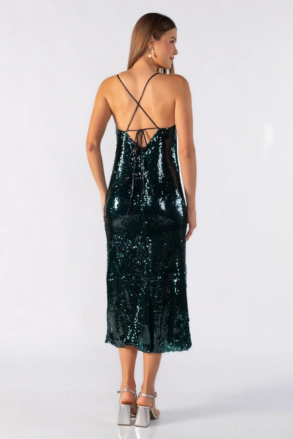 Vestido midi em paete frente unica