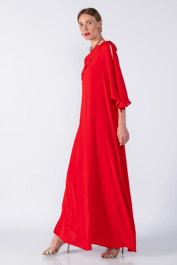 Vestido longo com forro e manga babado