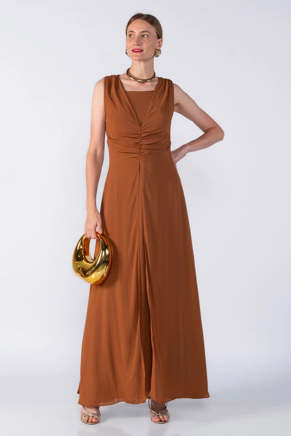 Vestido longo crepe decote franzido
