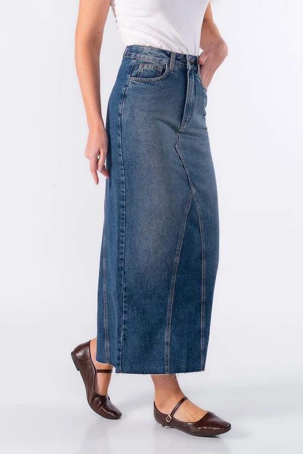 Saia jeans midi com recortes