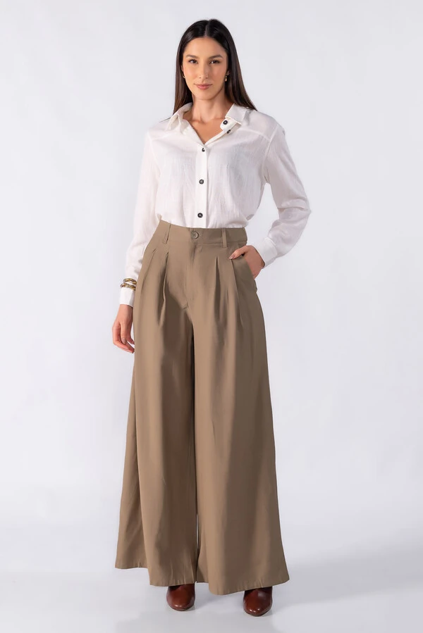Pantalona com pregas frontal cintura alta