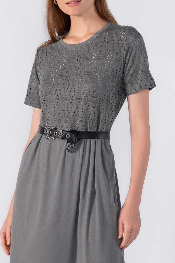 Vestido midi em laise e ribana