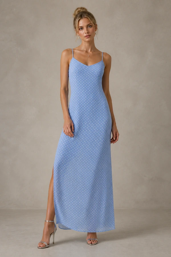 Vestido longo de chiffon poá