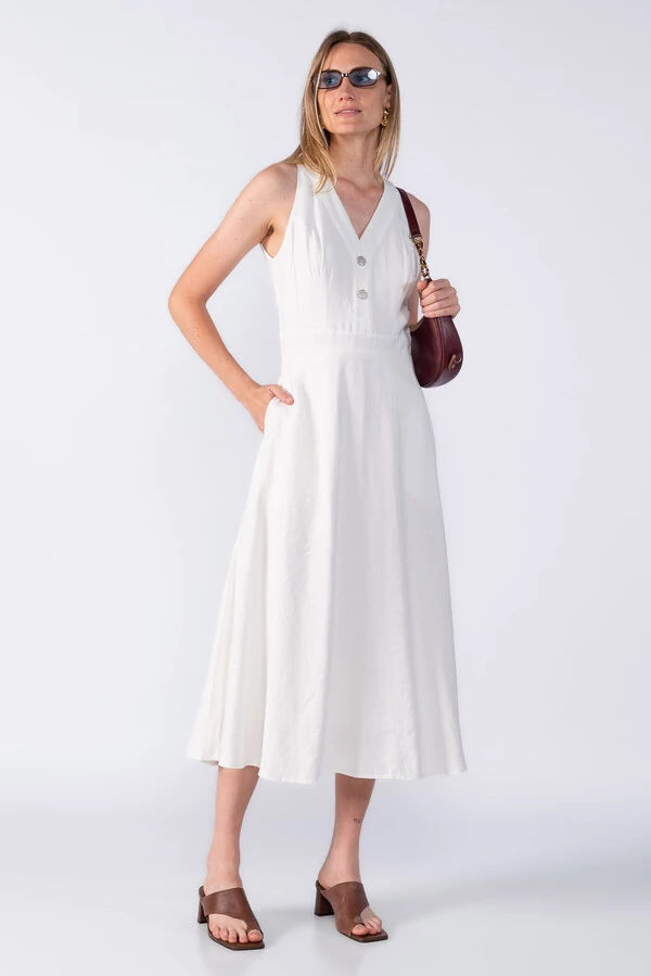 Vestido viscose decote V botões