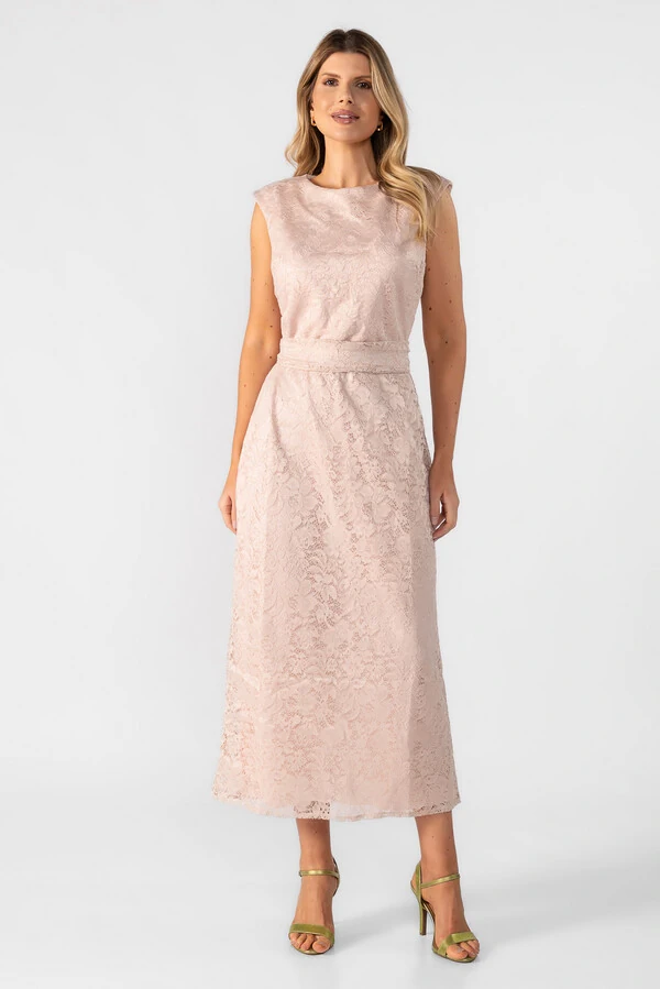 Vestido midi renda com faixa