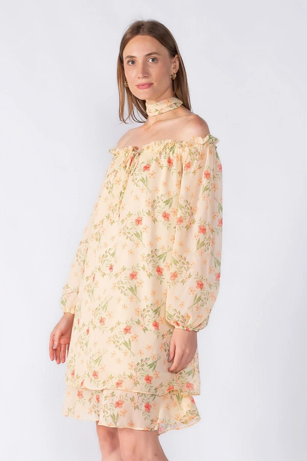 Vestido curto ombro a ombro em chiffon