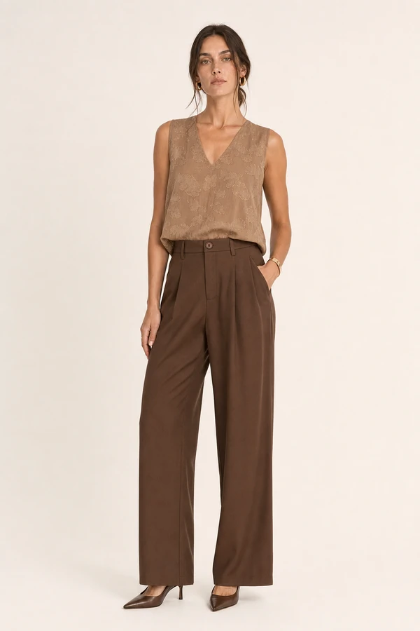 Calca reta detalhe pregas sobre bolso
