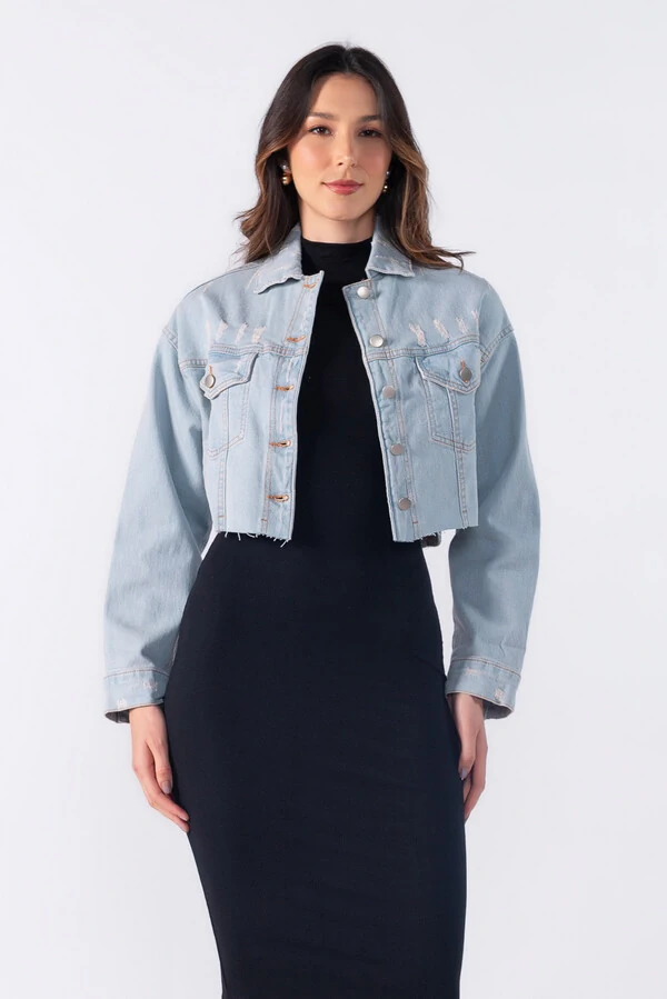 Jaqueta jeans cropped destroyed