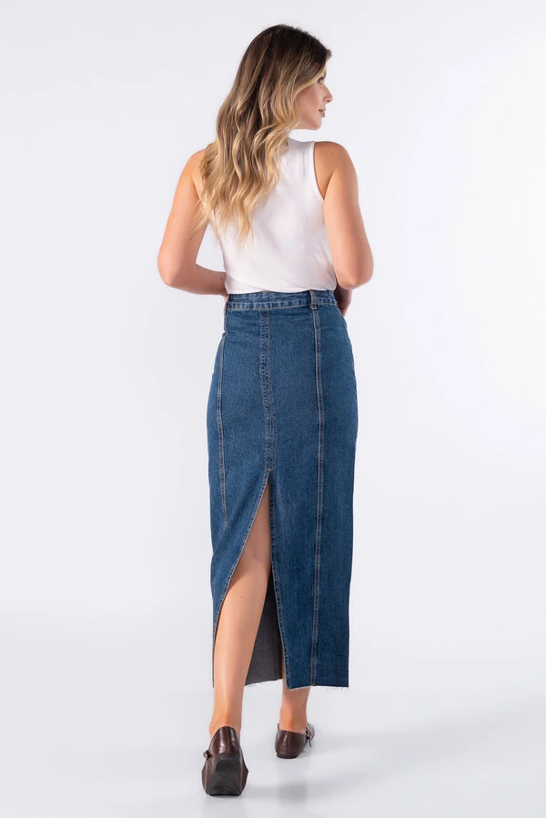 Saia jeans midi com recortes