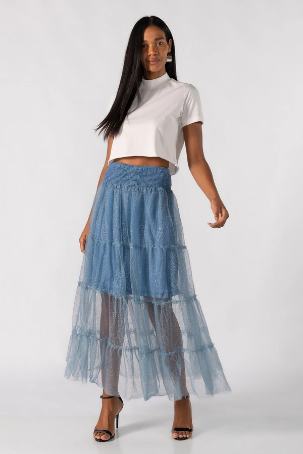 Saia longa de tule cos com lastex