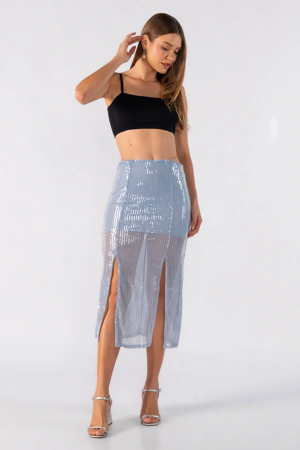 Saia midi em paete com fendas