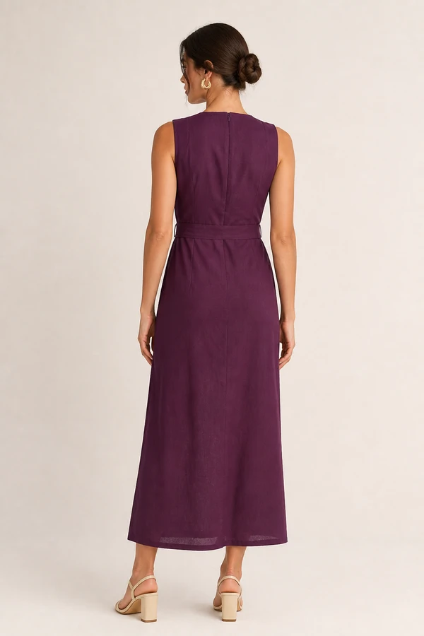 Vestido midi em linho com fivela