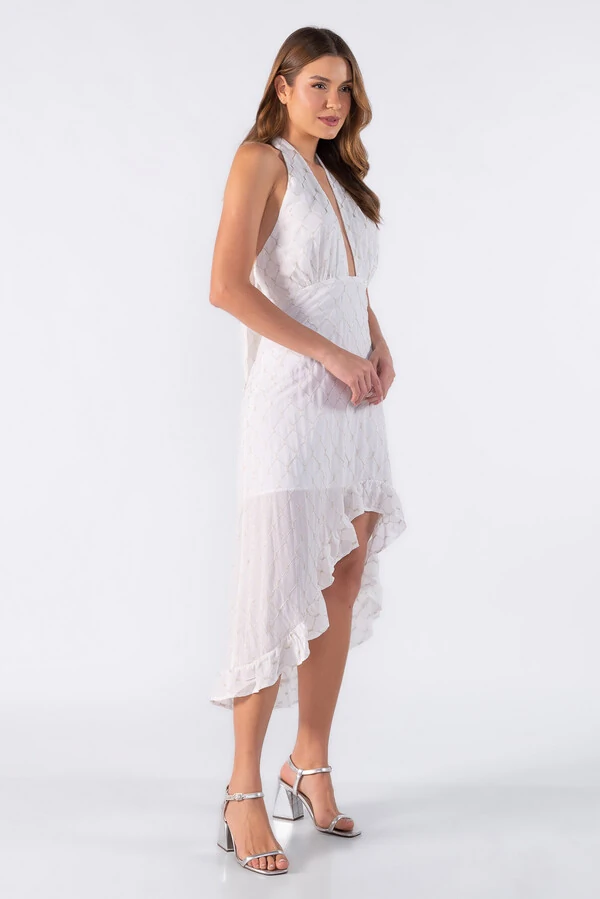 Vestido frente única com babado na barra