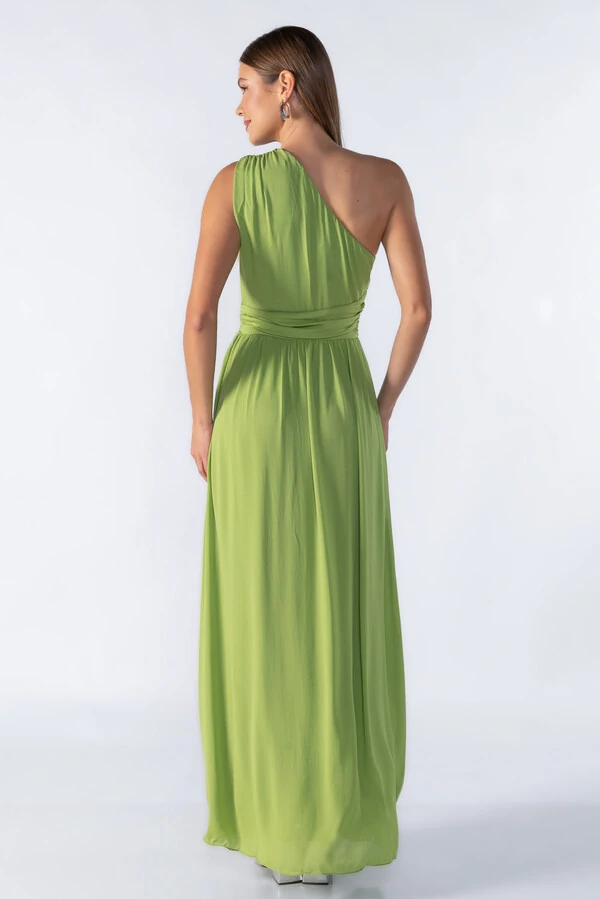 vestido longo manga nula com franzido na cintura