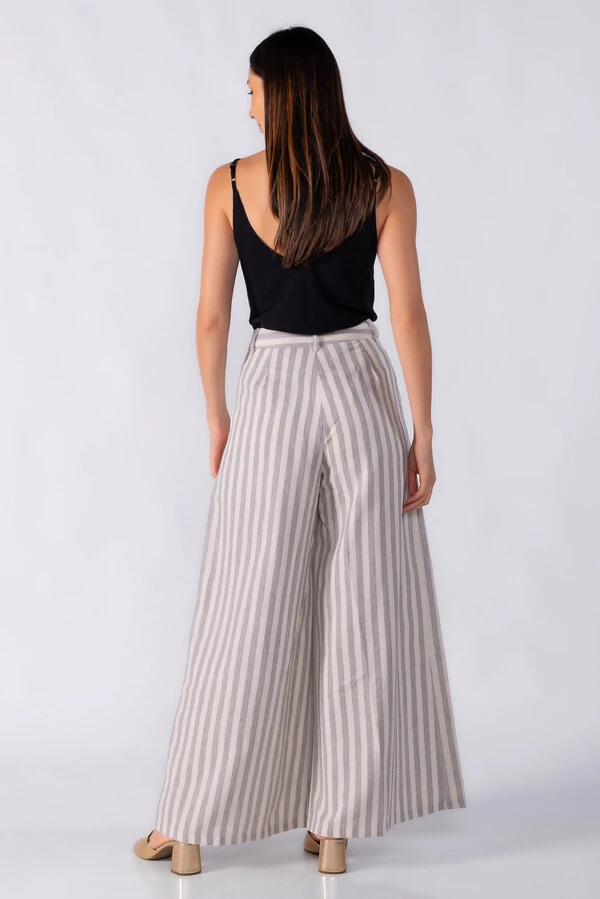 Calça pantalona ampla linho listrada