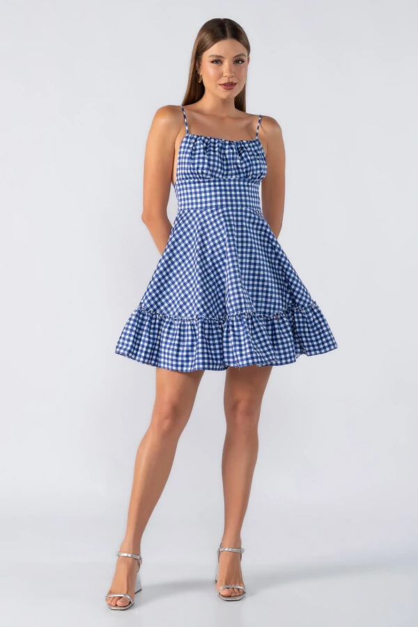Vestido curto xadrez alça fina regulavel