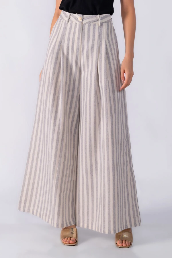 Calça pantalona ampla linho listrada