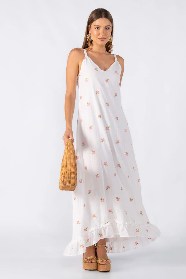 Vestido longo em algodão bordado