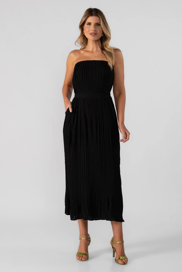 Vestido midi plissado tomara que caia