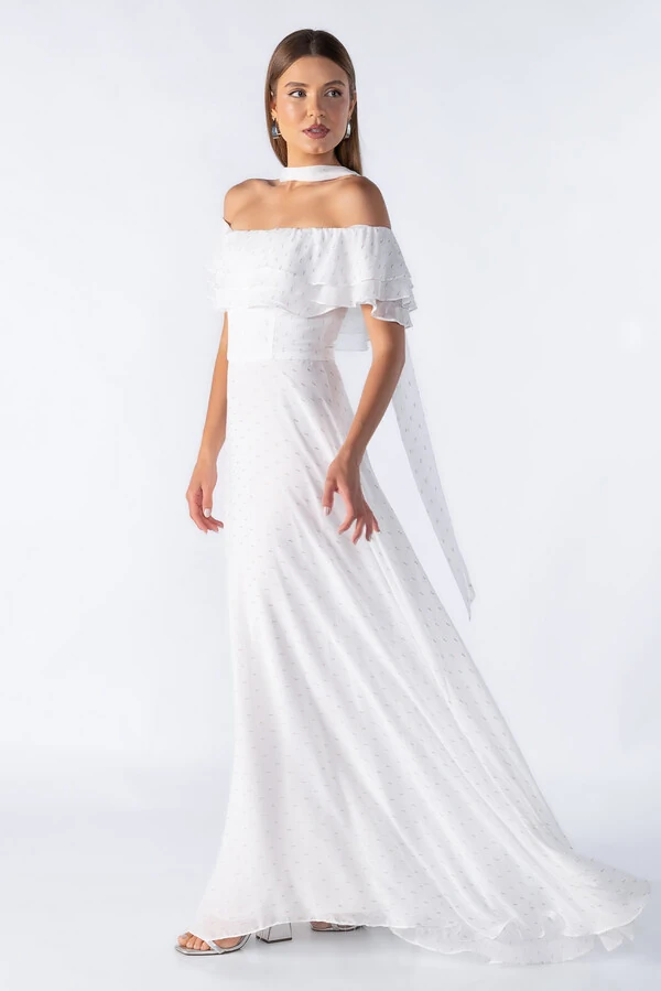 Vestido longo ombro a ombro com babados