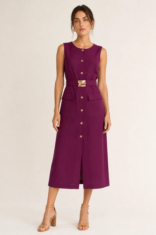 Vestido midi em linho com fivela