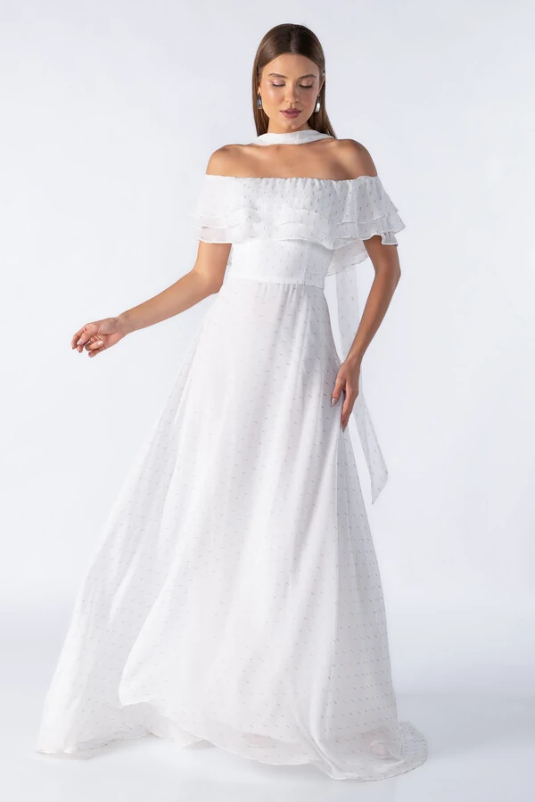 Vestido longo ombro a ombro com babados
