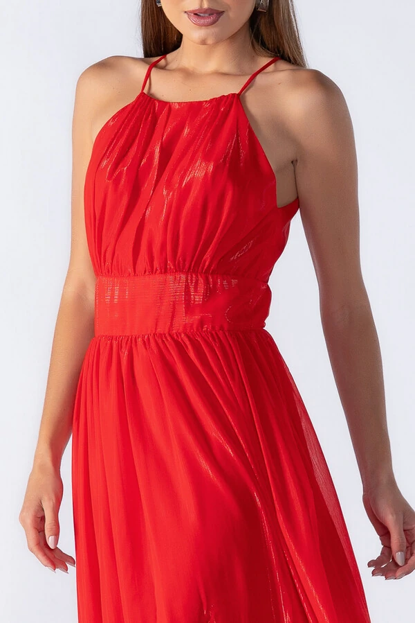 Vestido longo em lurex com decote franzido