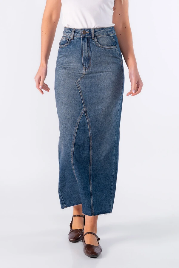 Saia jeans midi com recortes