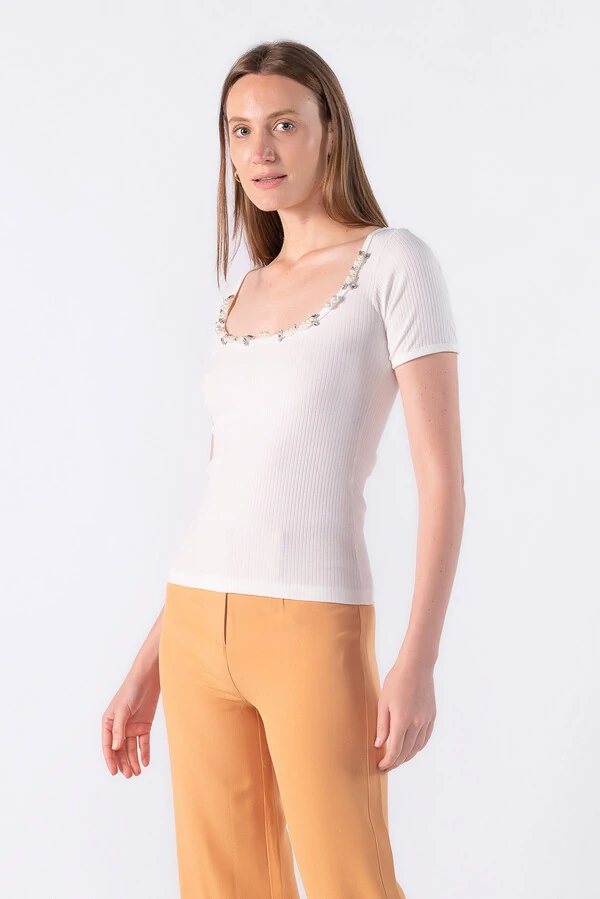 Blusa canelada com decote bordado